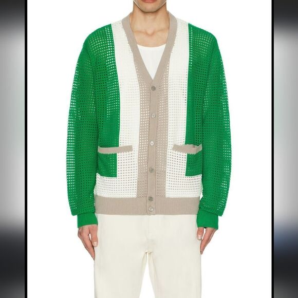 $110 NEW OBEY REVOLVE 60s GREEN TAN WHITE CARDIGAN SWEATER s small NWT - Picture 1 of 9
